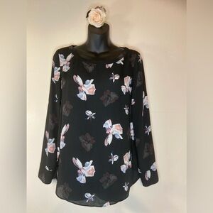 Banana Republic~Vibrant Floral/Black Tunic Top~Button Cuffs~Scoop Neck~Size XS